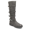Three quarter view black four buckle boots