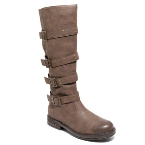 Three quarter view brown four buckle boots