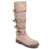 Three quarter view taupe four buckle boots