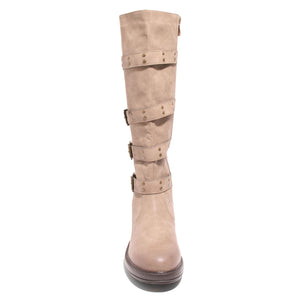 top view taupe four buckle boots