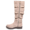 side view taupe four buckle boots