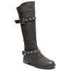 three quarter view black boots with adjustable calf