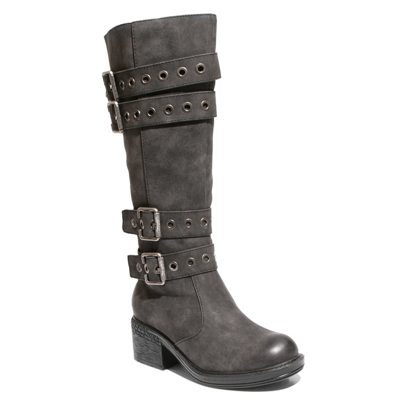 three quarter view black riding boots with four buckles