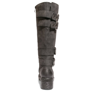 back view black riding boots with four buckles