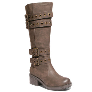 three quarter view brown riding boots with four buckles