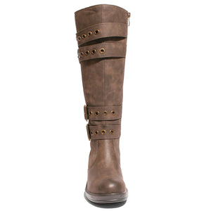 front view brown riding boots with four buckles