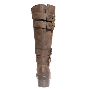 back view brown riding boots with four buckles