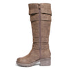 side view brown riding boots with four buckles