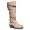 three quarter view taupe riding boots with four buckles