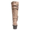 back view taupe riding boots with four buckles