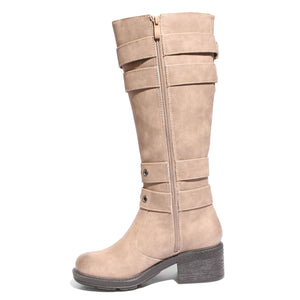 side view taupe riding boots with four buckles