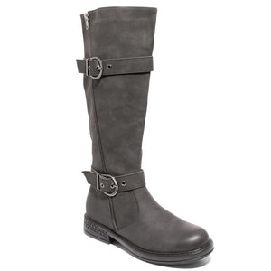 three quarter view black boots with adjustable calf, two buckles and side zipper