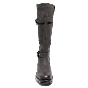 front view black boots with adjustable calf, two buckles and side zipper