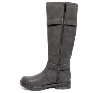 side view black boots with adjustable calf, two buckles and side zipper