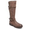 three quarter view brown boots with adjustable calf, two buckles and side zipper