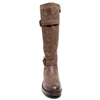front view brown boots with adjustable calf, two buckles and side zipper