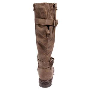 back view brown boots with adjustable calf, two buckles and side zipper