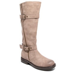 Three quarter view taupe boots with adjustable calf, two buckles and side zipper