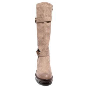 front view taupe boots with adjustable calf, two buckles and side zipper