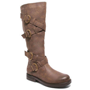 Three quarter view four buckle adjustable calf brown color riding boot