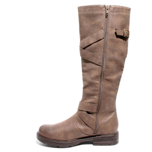 Inside side view four buckle adjustable calf brown color riding boot