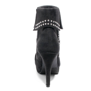 back view black heeled bootie