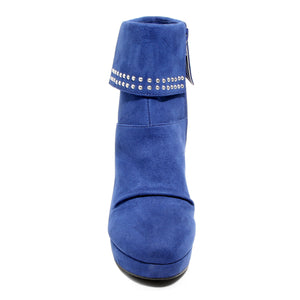 front view blue heeled bootie