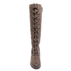 front view brown lace up knee high boot