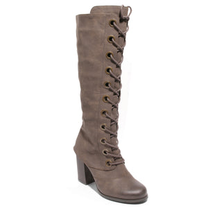 three quarter view brown lace up knee high boot