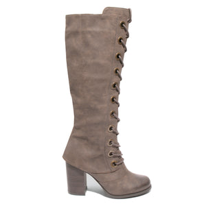 side view brown lace up knee high boot