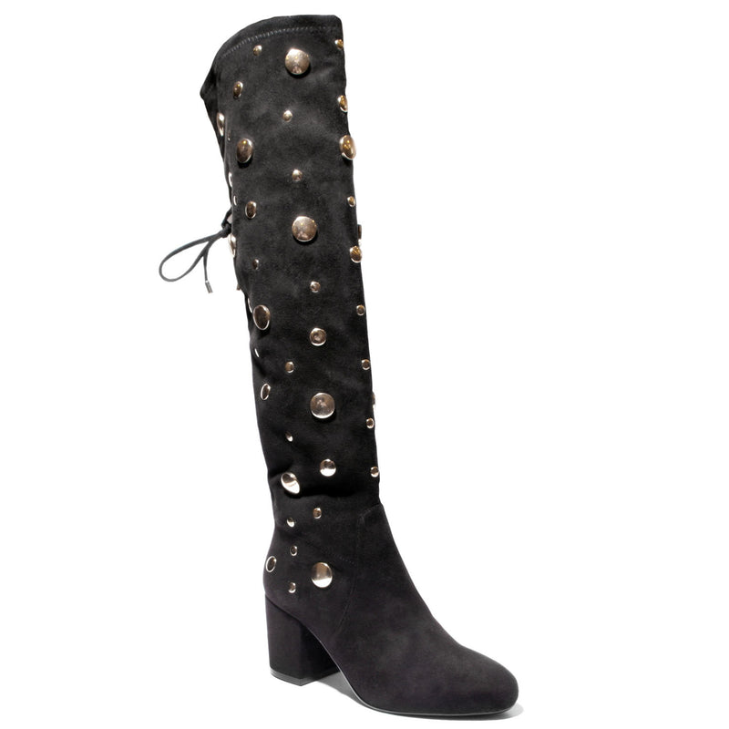 three quarter view black lace up knee high boot