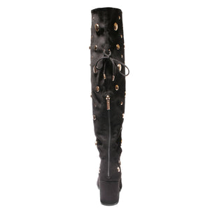 back view black lace up knee high boot