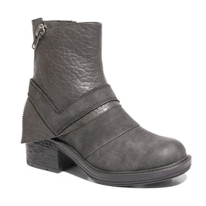 Three quarter view mixed media grunge black bootie with side zipper