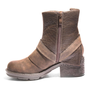 Inside side view mixed media grunge brown bootie with side zipper
