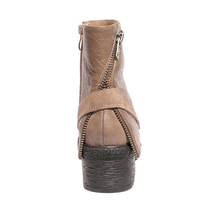 Back view mixed media grunge taupe bootie with side zipper