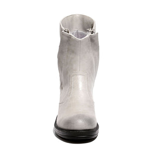 White front view mid-heel bootie with zipper closure and sole material rubber