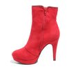 Inside side view red platform bootie with side zipper