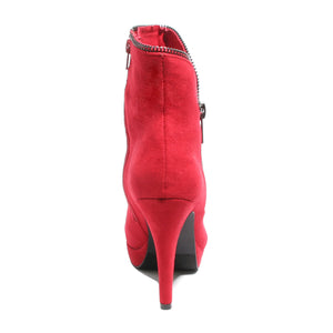 Back view red platform bootie with side zipper