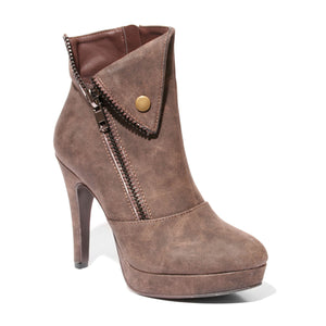 Three quarter view brown color stylish platform bootie with asymmetrical zipper detail