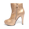 Inside side view champagne color stylish platform bootie with asymmetrical zipper detail