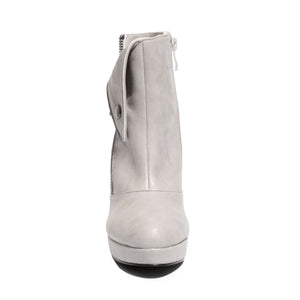 Front view ice color stylish platform bootie with asymmetrical zipper detail