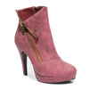 Three quarter view red color stylish platform bootie with asymmetrical zipper detail