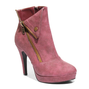Three quarter view red color stylish platform bootie with asymmetrical zipper detail