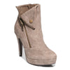 Three quarter view taupe color stylish platform bootie with asymmetrical zipper detail