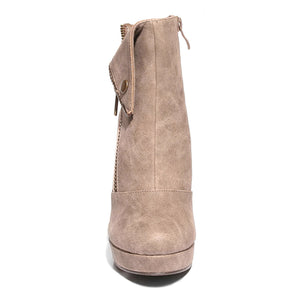 Front view taupe color stylish platform bootie with asymmetrical zipper detail
