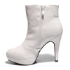 Inside side view white color stylish platform bootie with asymmetrical zipper detail